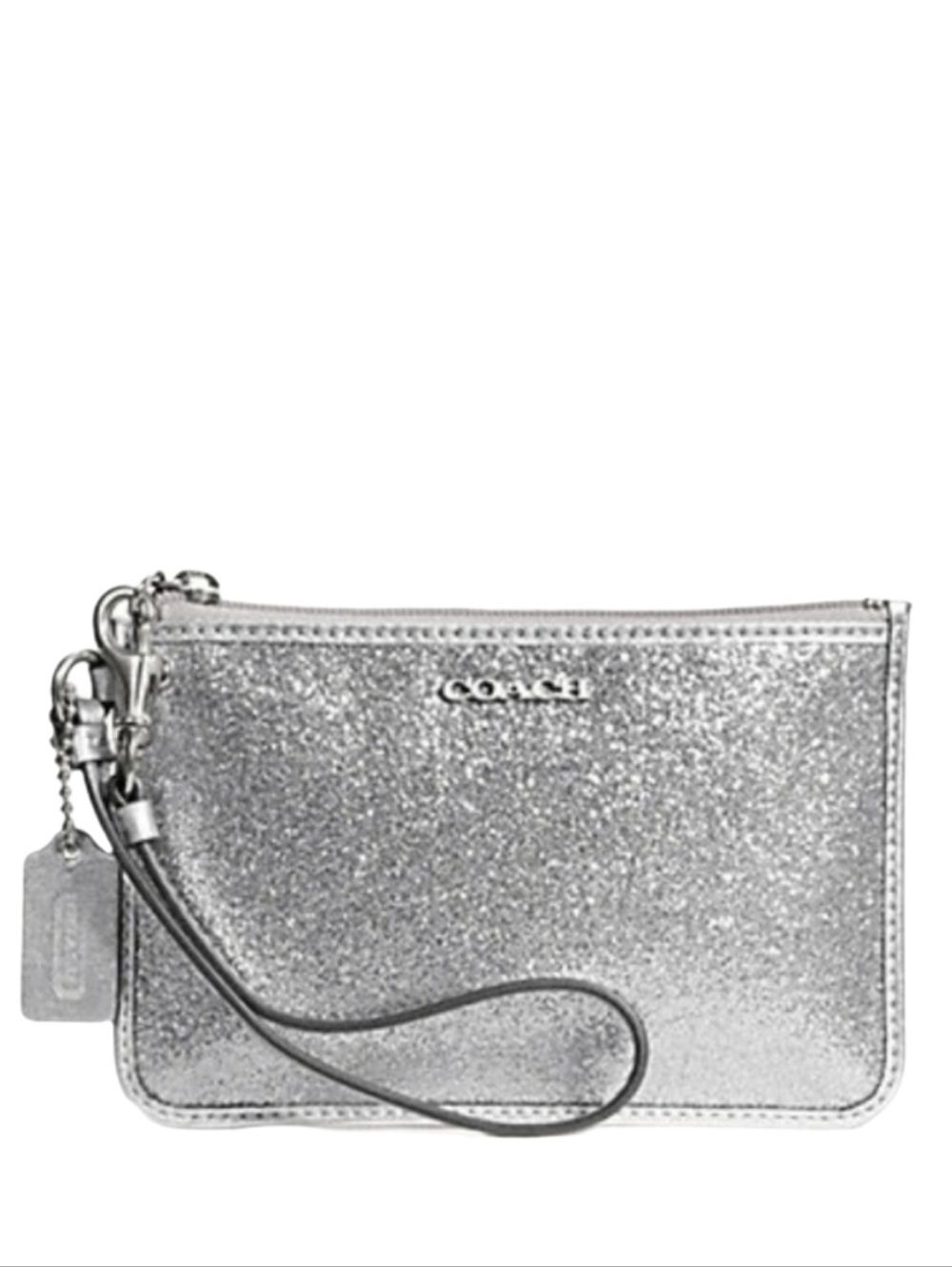 💎 NWOT Coach Box Sparkle Metallic Silver Glitter Small Wristlet Pouch Bag